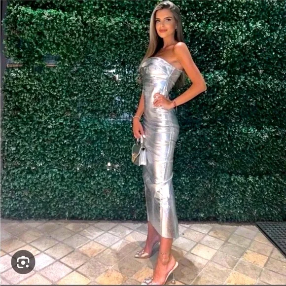 Zara The Fitted Denim bodycon silver midi dress sz.XS - Picture 5 of 16